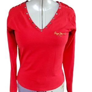 Bebe Jeans London Boho Studded Y2K Streetwear Red Long Sleeve Top